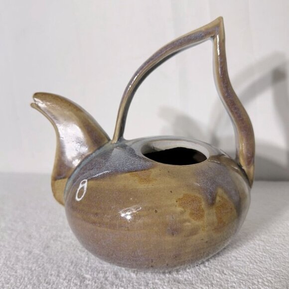 Vintage 2002 Handmade Purple Beige Ceramic Pottery Teapot - Picture 2 of 14